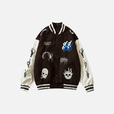 Front view of the brown Skeleton Print Embroidery Varsity Jacket in a gray background