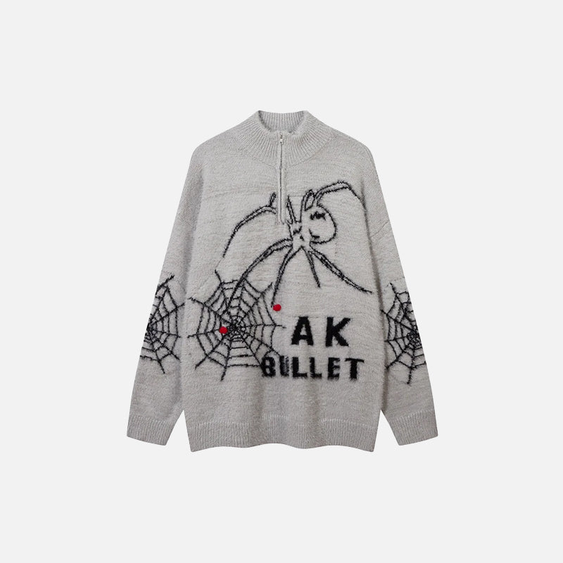 Front view of the gray Vintage Zipper Spider Web Sweater
