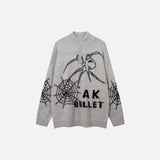Front view of the gray Vintage Zipper Spider Web Sweater