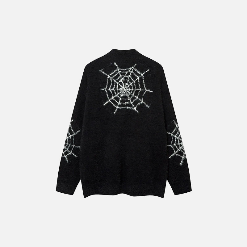 back view of the black Vintage Zipper Spider Web Sweater in a gray ground