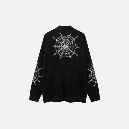 back view of the black Vintage Zipper Spider Web Sweater in a gray ground