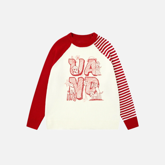 Retro Puppy O-Neck Collar Print Knitted Sweater
