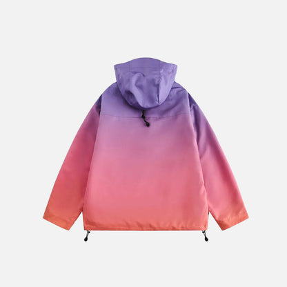 Back view of the pink Y2K Tie Dye Rainbow Zip-up Windbreaker in a gray background