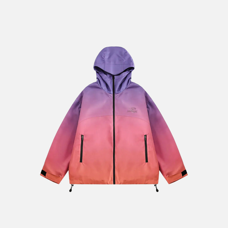 Front view of the Y2K Tie Dye Rainbow Zip-up Windbreaker in a gray background