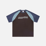 Front view of the brown Y2K Letter Striped Print T-shirt in a gray background from DAXUEN.