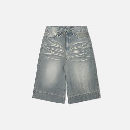 A front view of the blue Washed Blue Wide-leg Jorts from DAXUEN