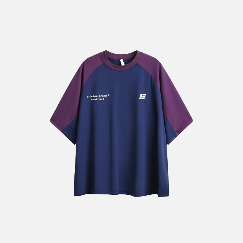 Front view of the dark blue Oversized Youthful Patchwork T-shirt from DAXUEN.