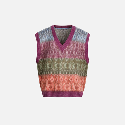 Jacquard Mohair Knitted V-Neck Sleevless Sweater