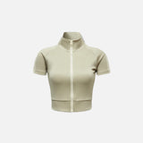 Front view of the gray camel Y2k Women's Zip-up Crop Top in a gray background