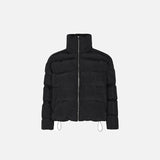 Front view of the black Solid Color Pleated Padded  jacket in a gray background