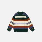 Front view of the navy blue Retro Multi-Stripe Sweatshirt in a gray background