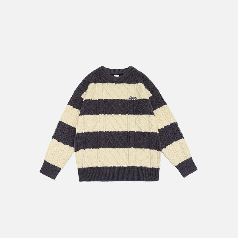 Front view of the khaki Classic Cable Knit Sweatshirt in a gray background