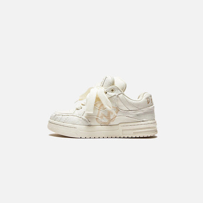 Front view of the white Flow Striders Sneakers in a gray background