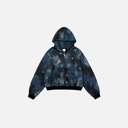 Insulated Leopard Rhinestone Zip-Up Hooded Sweatshirt