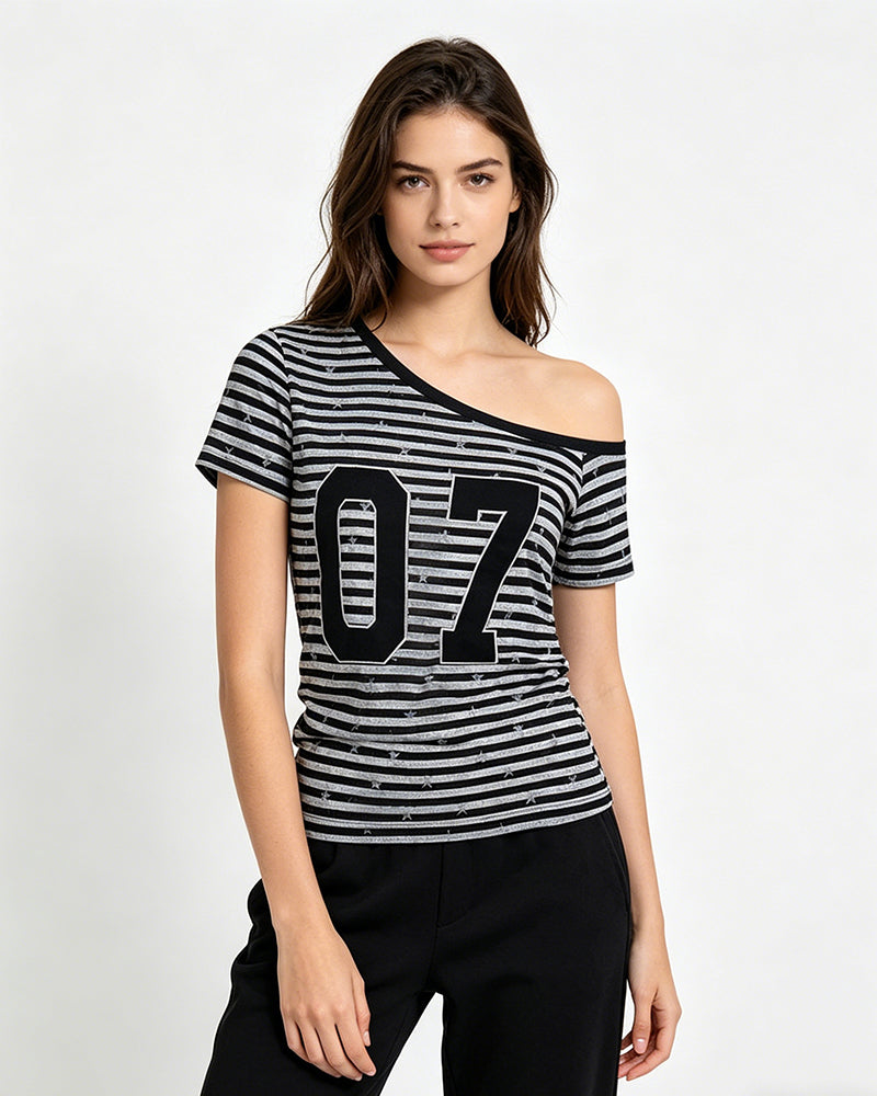Vintage Striped Off-Shoulder Tee