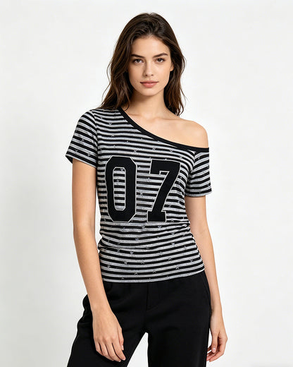 Vintage Striped Off-Shoulder Tee