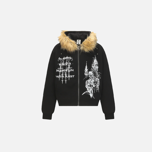 Y2K Retro Graffiti Zip-Up Fur-Collar Hooded Sweatshirt
