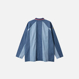 Back view of the Blue Stripes Vintage Long Sleeve T-shirt in a gray background