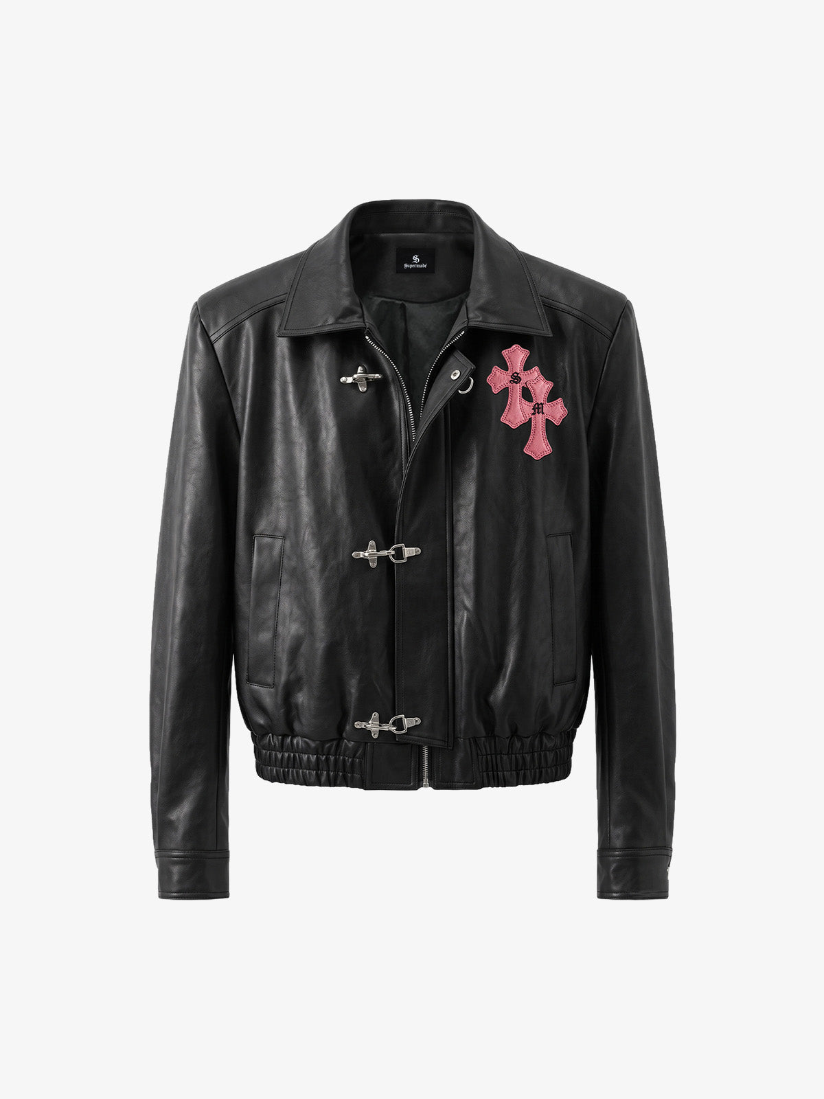Cross Embroidered Color Block Cropped Biker Jacket; Black / S, Black / M, Black / L, Black / XL, Black / 2XL, Black / 3XL