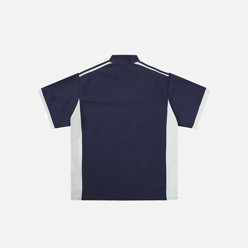 Back view of the blue Y2K Half Zipper Graphic T-shirt in a gray background 
