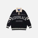 Retro Black Letter Print Polo Sweater