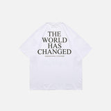 Back view of the white Changed World T-shirt from DAXUEN.