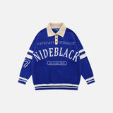 Retro Black Letter Print Polo Sweater