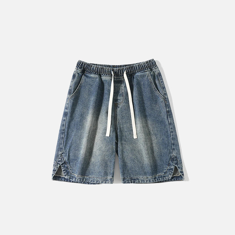 Front view of the blue Casual Solid Sports Denim Shorts in a gray background