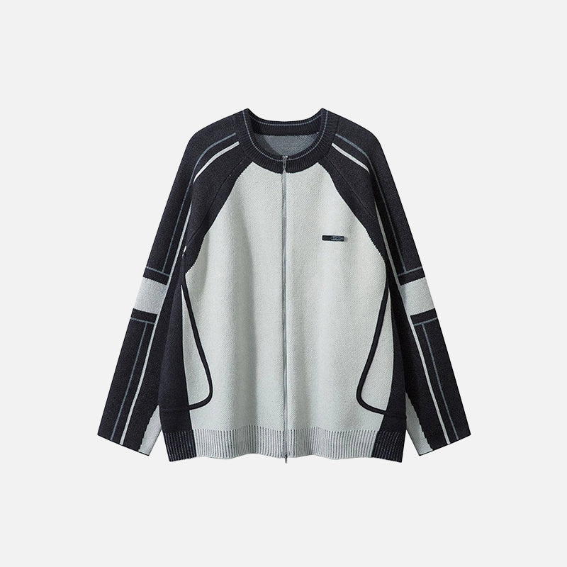 Front view of the black Raglan Sleeve Zip-Up Sweater in a gray background