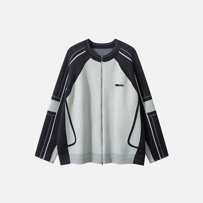 Front view of the black Raglan Sleeve Zip-Up Sweater in a gray background