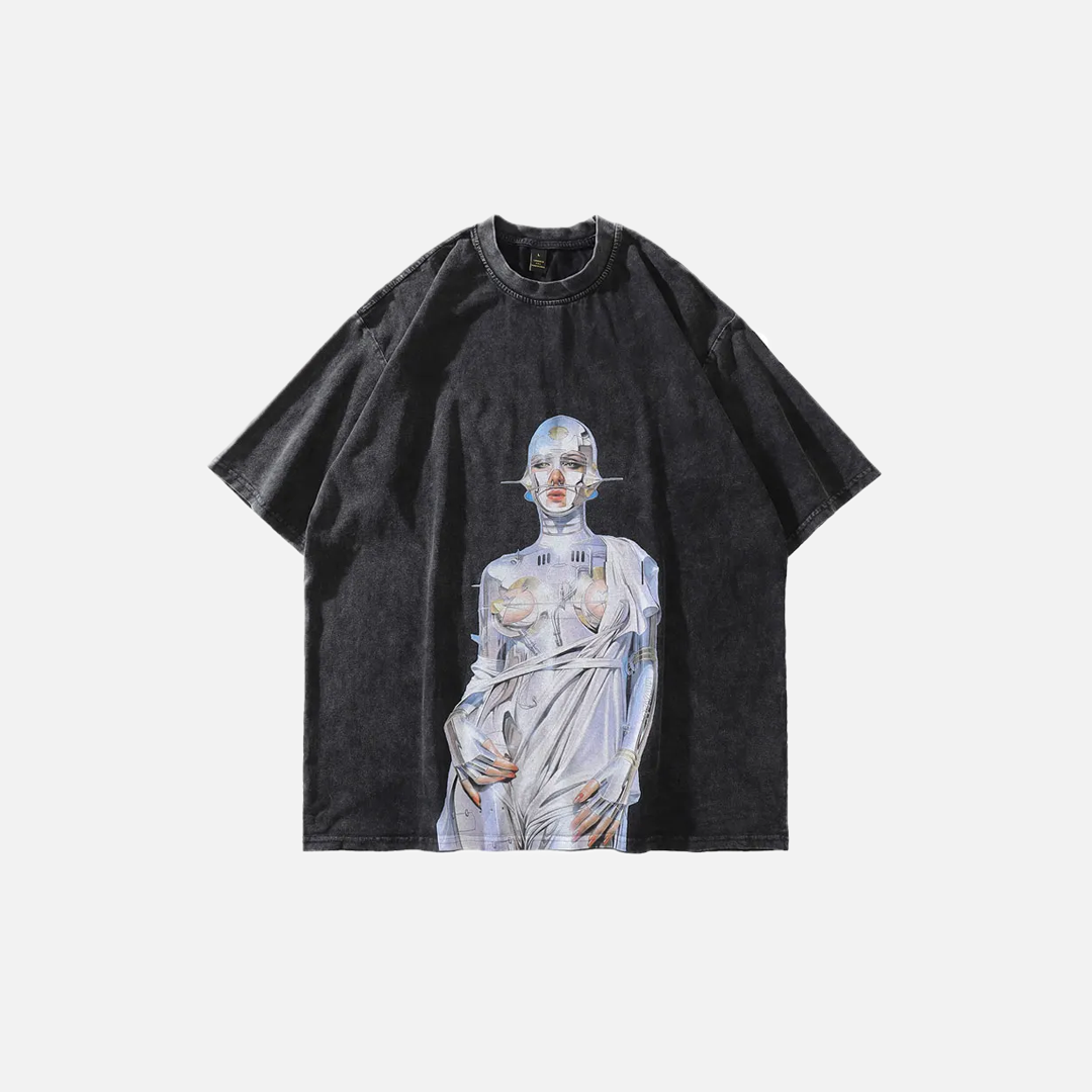 Oversized Distressed Robot Graphic Print T-Shirt