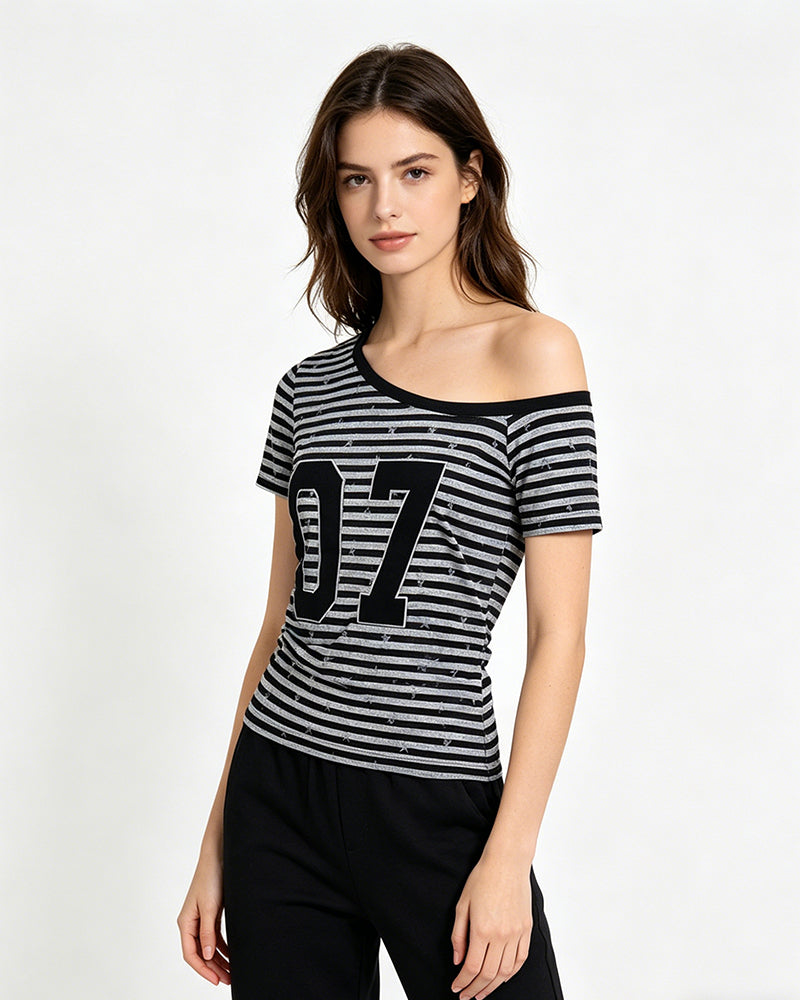 Vintage Striped Off-Shoulder Tee