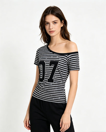 Vintage Striped Off-Shoulder Tee