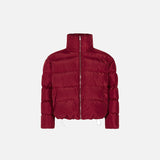Front view of the red Solid Color Pleated Padded  jacket in a gray background