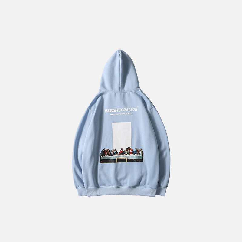 Back view of the blue Disintegration Art Hoodie in a gray background 