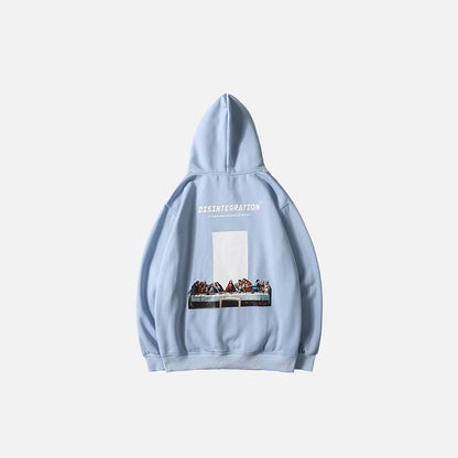Back view of the blue Disintegration Art Hoodie in a gray background 