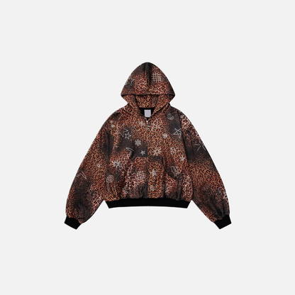 Insulated Leopard Rhinestone Zip-Up Hooded Sweatshirt