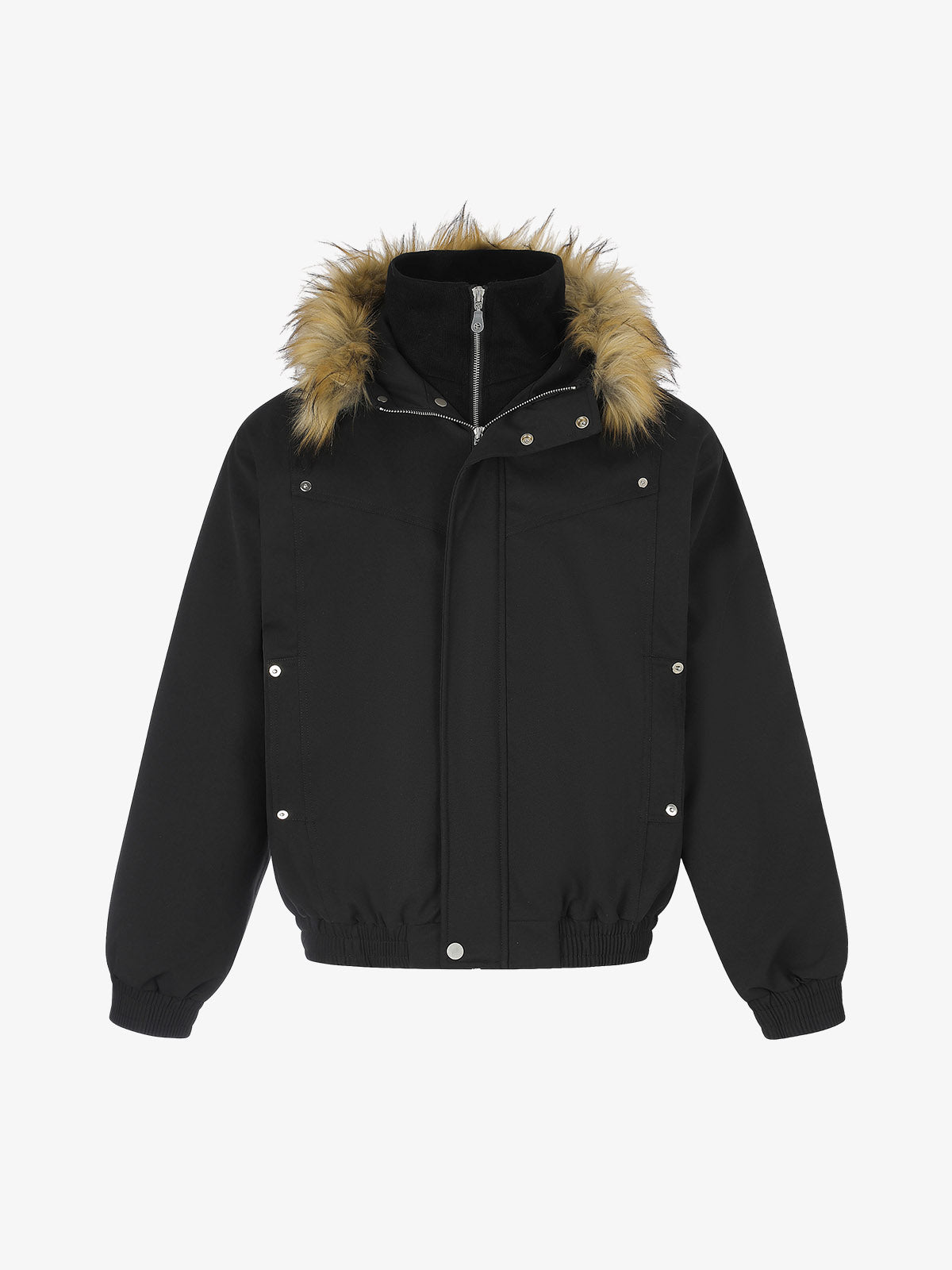 Deconstructed Layered Hooded Faux-Fur Collar Puffer Jacket; Black / S, Black / M, Black / L, Black / XL
