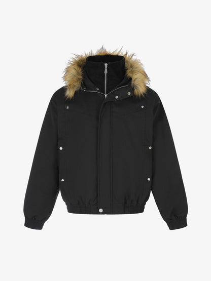 Deconstructed Layered Hooded Faux-Fur Collar Puffer Jacket; Black / S, Black / M, Black / L, Black / XL