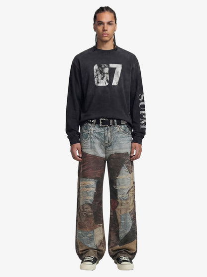 Thesupermade High Street Distressed Washed Printed Jeans - 2246; Brown / M, Brown / L, Brown / XL, Brown / 2XL