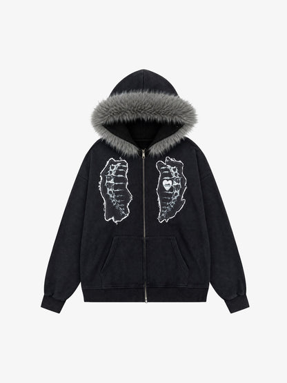 Metal Skeleton Fur Zip-Up Hoodie