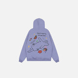 Back view of the purple Happy Cat Comfort Hoodie in a gray background