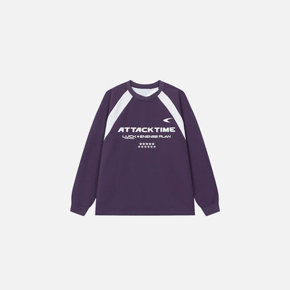 Front view of the purple Attack Time Premium T-shirt in a gray background