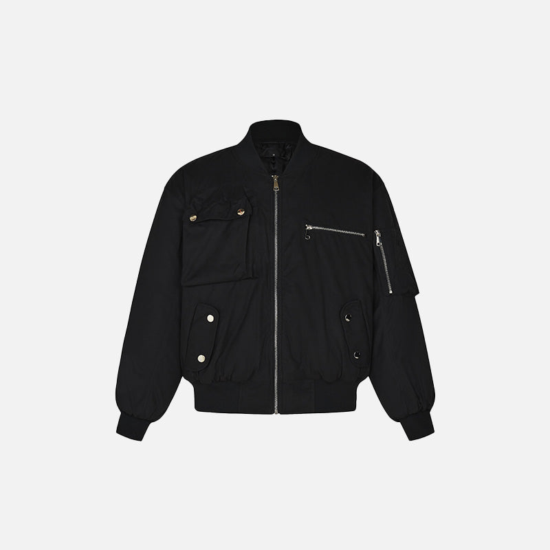 Front view of the black Retro Classic Multi-Pocket Bomber Jacket in a gray background 