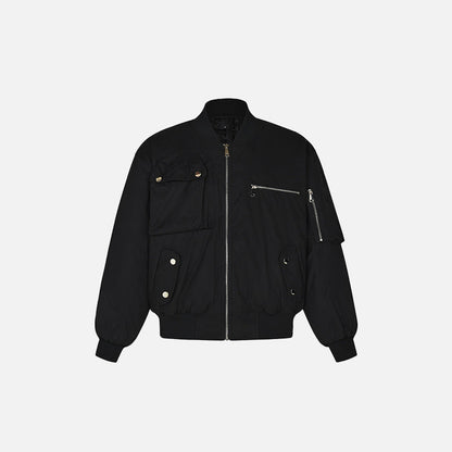 Front view of the black Retro Classic Multi-Pocket Bomber Jacket in a gray background 
