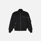 Front view of the black Retro Classic Multi-Pocket Bomber Jacket in a gray background 
