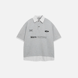 Casual Loose Fit Fake Two-Piece Letter Print Polo T-Shirt