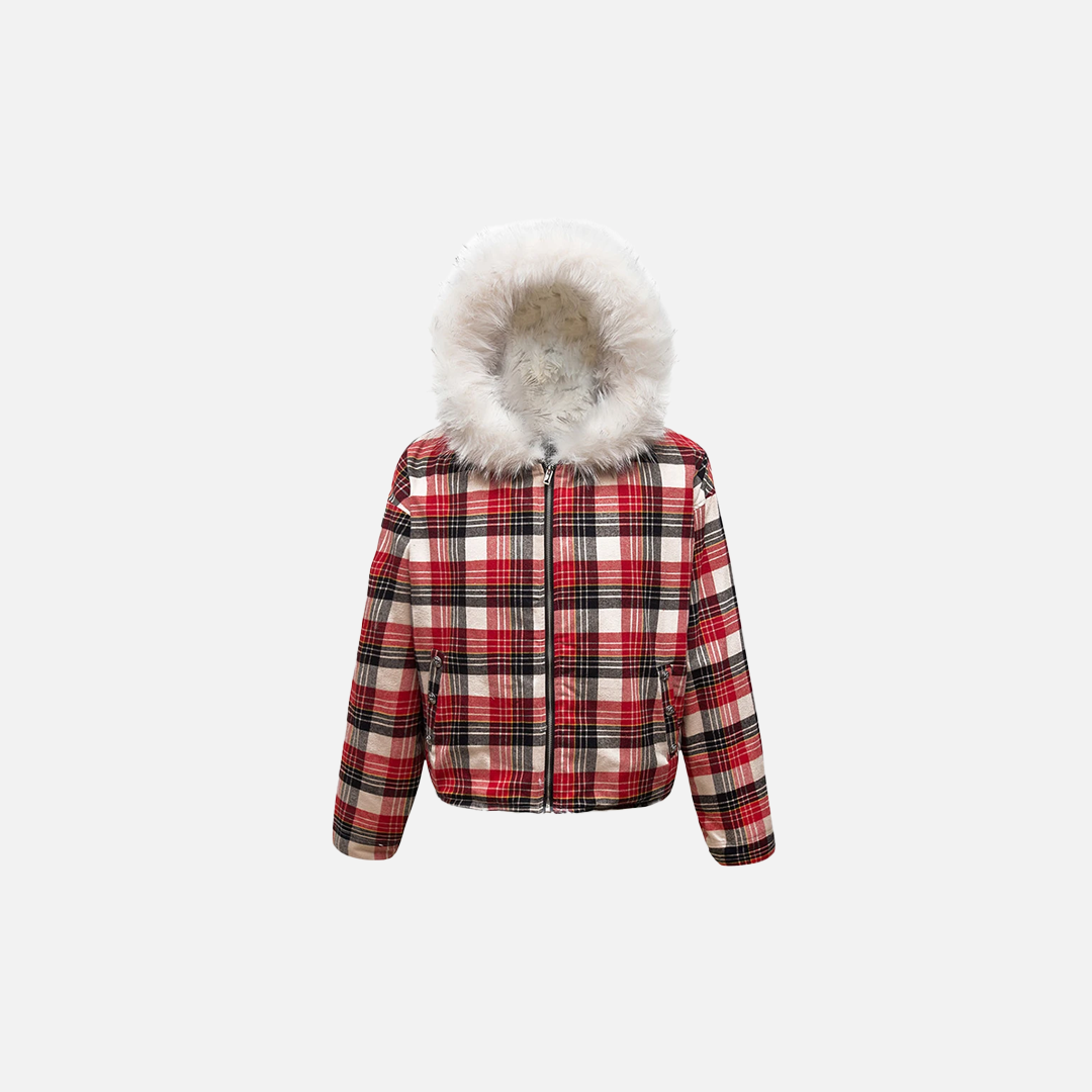 Winter Flexible Plaid Fox Fur Collar Retro Jacket
