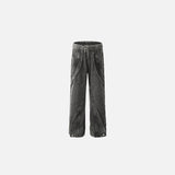 Front view of the black Utility Belted Wide-Leg Denim Jeans in a gray background