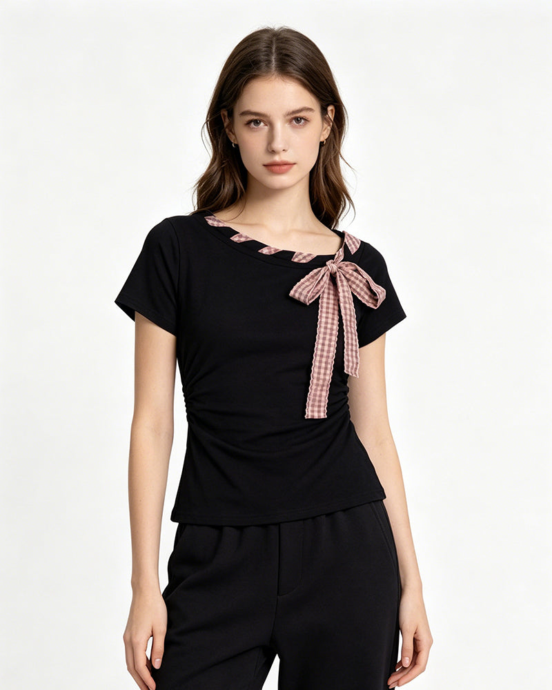 Bow Detail Fitted Short Sleeve Top